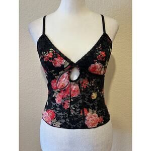 Edikted Black Lace Babydoll Tank Top Sz XS Cami Floral Ribbon Y2K 90s Style Mesh